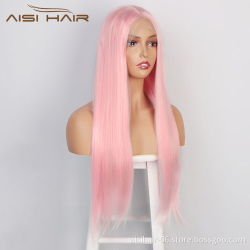 Aisi Hair 26 Inch Long Silky Straight Pink Wig Natural Straight Swiss Lace Wig Middle Part Lace Frontal Wigs For Black Women